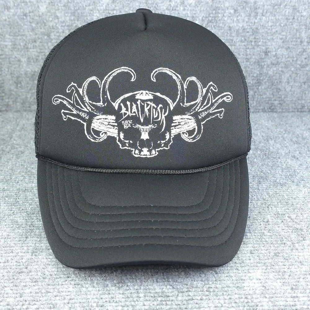 Black Tusk Hat‎ Cap Mens Snap Back Black Skull Band Tour Rock Biker Trucker
